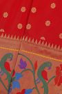 Narayanpet Silk Red Saree With Florals And Peacocks Paithani Border