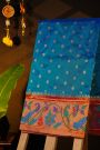 Narayanpet Silk Peacock Blue Saree With Florals And Peacocks Paithani Border