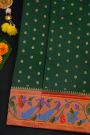 Narayanpet Silk Bottle Green Saree With Florals And Peacocks Paithani Border