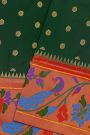 Narayanpet Silk Bottle Green Saree With Florals And Peacocks Paithani Border