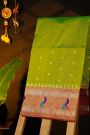 Narayanpet Silk Parrot Green Saree With Gap Border And Peacock Design