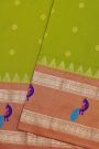 Narayanpet Silk Parrot Green Saree With Gap Border And Peacock Design
