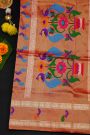 Narayanpet Silk Bottle Green Saree With Florals And Peacocks In Paithani Pallu