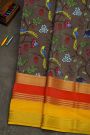 Mysore Crepe Dark Brown Saree With Florals And Birds Body
