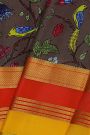 Mysore Crepe Dark Brown Saree With Florals And Birds Body