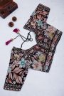 Fancy Crepe Black Saree With Florals And Sequence Work Body And Border