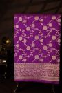Banarasi Silk Dark Violet Saree With Florals And Leaves Jaal Border