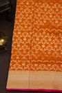 Banarasi Silk Orange Saree With Florals And Leaves Jaal Border