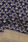 Banarasi Silk Navy Blue Saree With Florals In Zari Border