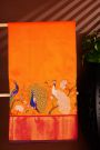 Kancheepuram Silk Orange Saree With Floral And Peacock Thread Work And Zari Border