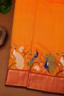 Kancheepuram Silk Orange Saree With Floral And Peacock Thread Work And Zari Border