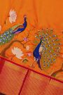 Kancheepuram Silk Orange Saree With Floral And Peacock Thread Work And Zari Border