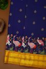 Kancheepuram Silk Navy Blue Saree With Thread Work Embroidered Crane Motif And Golden Zari Border