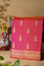 Venkatagiri Silk Pink Saree With Florals And Peacocks Body