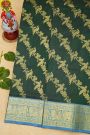 Venkatagiri Silk Bottle Green Saree With Floral Jaal And Peacocks Body