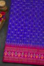 Ikat Silk Royal Blue Saree With Florals And Buttis In Checks Body
