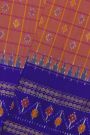 Ikat Silk Rust Saree With Checks And Floral Buttis Body