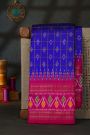 Ikat Silk Royal Blue Saree With Florals And Buttis In Checks Body