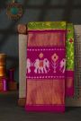 Ikat Silk Leaf Green Saree With Florals And Leaves Body