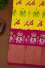 Ikat Silk Yellow Saree With Parrots And Elephant Buttis Body
