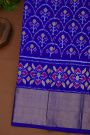 Ikat Silk Royal Blue Saree With Florals And Leaves Body