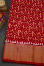 Ikat Silk Red Saree With Florals And Leaves Body