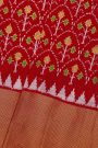 Ikat Silk Red Saree With Florals And Leaves Body