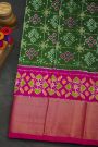 Ikat Silk Leaf Green Saree With Florals And Buttis In Checks Body