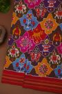Ikat Silk Multi Colour Saree With Floral Motifs And Red Striped Border