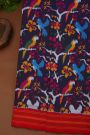 Ikat Silk Navy Blue Saree With Florals And Birds Body
