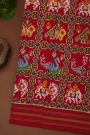 Ikat Silk Red Saree With Florals Swans And Elephants Body