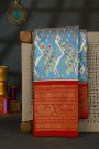 Pochampally Ikat Silk Sky Blue Saree With Floral And Peacock Border