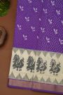 Ikat Silk Purple Saree With Peacocks And Zig-Zag Lines Border