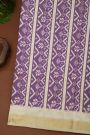 Ikat Silk Purple Saree With Peacocks And Zig-Zag Lines Border