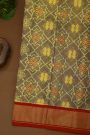 Ikat Silk Dual Colour Saree With Florals And Leaves In Cross Checks Body