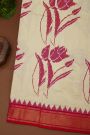 Ikat Silk Cream Saree With Florals And Leaves In Ikat Design Body