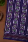 Ikat Silk Navy Blue Saree With Florals And Swans In Ikat Design Body