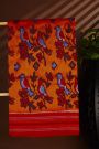 Ikat Silk Orange Saree With Florals And Birds In Ikat Design Body