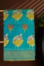 Ikat Silk Sky Blue Saree With Florals And Cows In Ikat Design Body