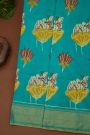 Ikat Silk Sky Blue Saree With Florals And Cows In Ikat Design Body