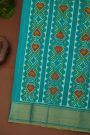 Ikat Silk Sky Blue Saree With Florals And Cows In Ikat Design Body