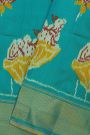 Ikat Silk Sky Blue Saree With Florals And Cows In Ikat Design Body
