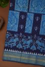 Ikat Silk Navy Blue Saree With Florals And Animals In Ikat Design Body