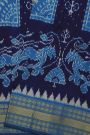 Ikat Silk Navy Blue Saree With Florals And Animals In Ikat Design Body