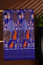 Ikat Silk Royal Blue Saree With Multicolor Floral Animal Motifs And Striped Border