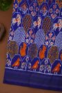 Ikat Silk Royal Blue Saree With Multicolor Floral Animal Motifs And Striped Border