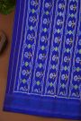 Ikat Silk Royal Blue Saree With Multicolor Floral Animal Motifs And Striped Border