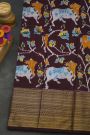 Ikkat Silk Dark Wine Saree With Floral And Leaf Jaal Border