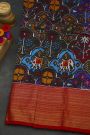 Ikkat Silk Multi-Colour Saree With Floral Leaf Zig-Zag Border