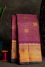 Kancheepuram Silk Rani Pink Saree With Zari Checks Floral And Peacock Buttis Body